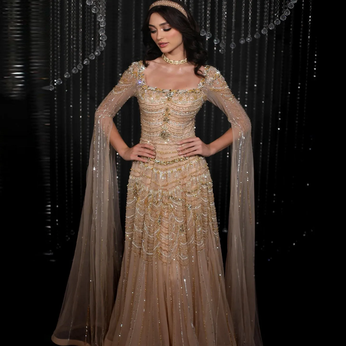 Luxury Beaded Caramel Evening Dress with Cape Sleeve SS591