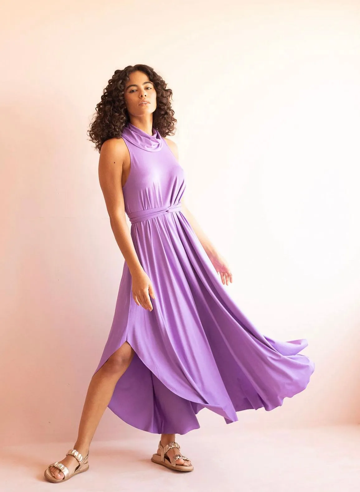 Midi Dress with Turtleneck and Removable Belt