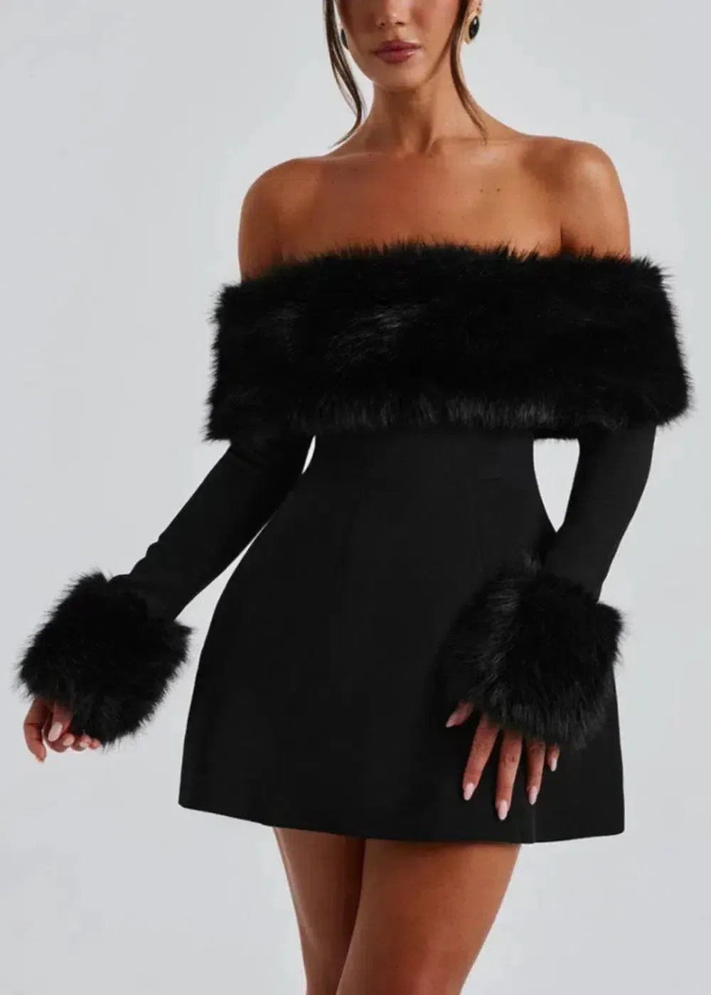 Mélisanne – Fur trim – Off-shoulder mini dress