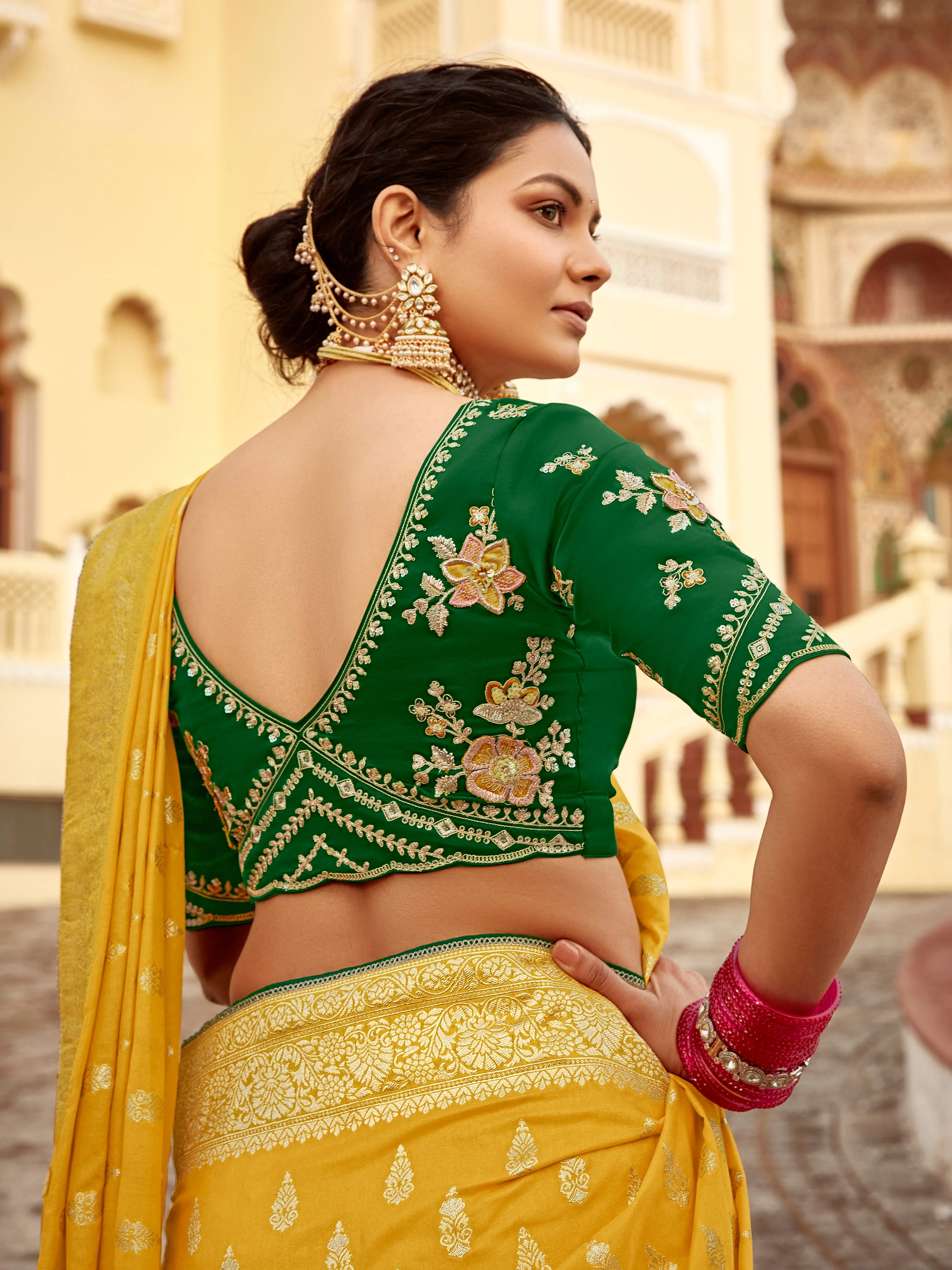Mustard Yellow Designer Dola Silk Wedding Saree