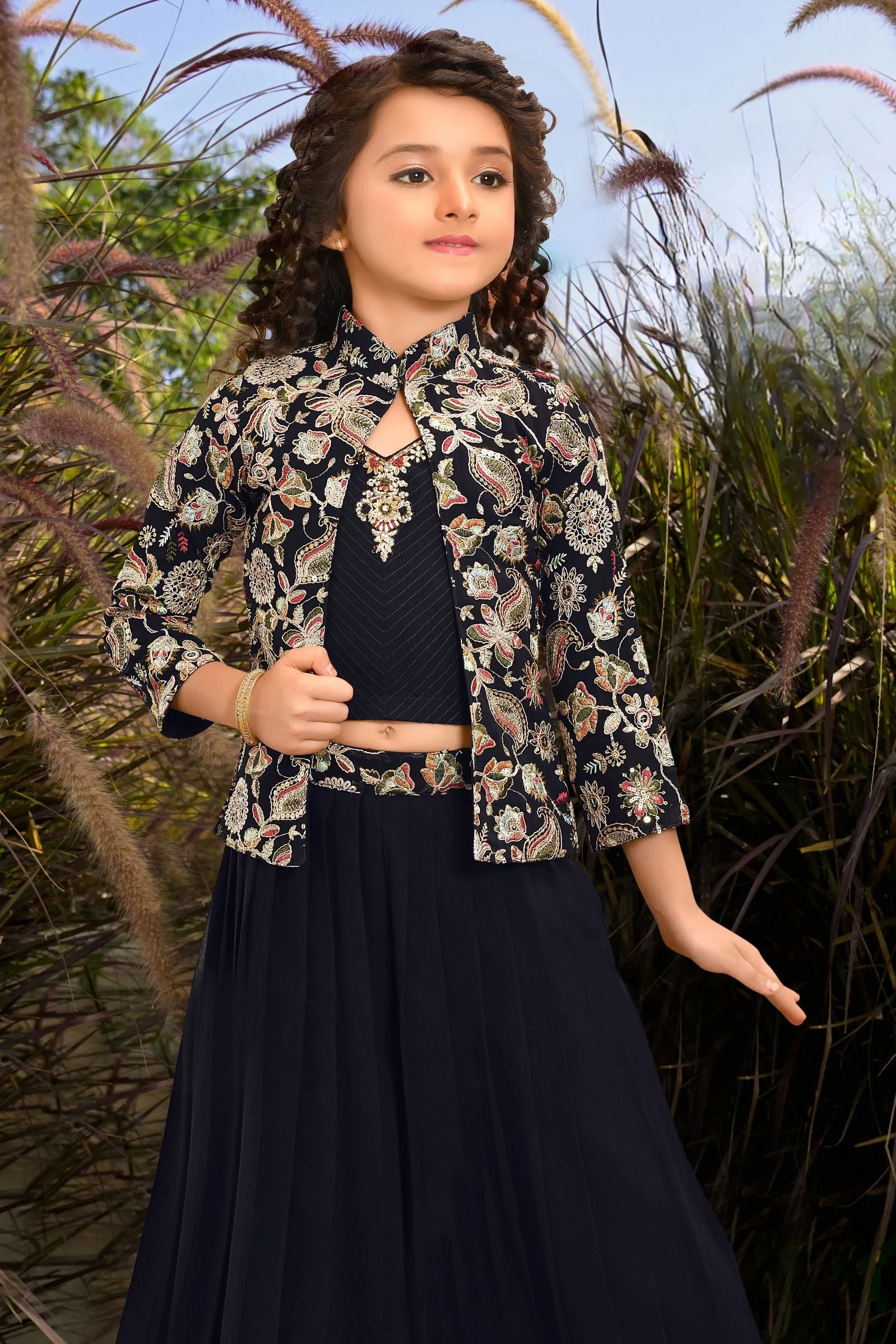 Navy Blue Stone and Multicolor Embroidery work Overcoat Styled Palazzo Set for Girls