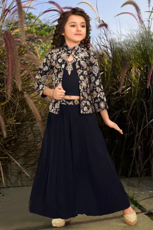 Navy Blue Stone and Multicolor Embroidery work Overcoat Styled Palazzo Set for Girls