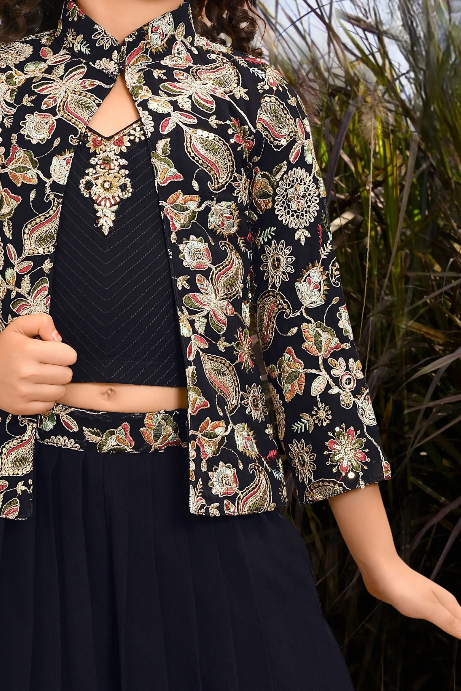 Navy Blue Stone and Multicolor Embroidery work Overcoat Styled Palazzo Set for Girls