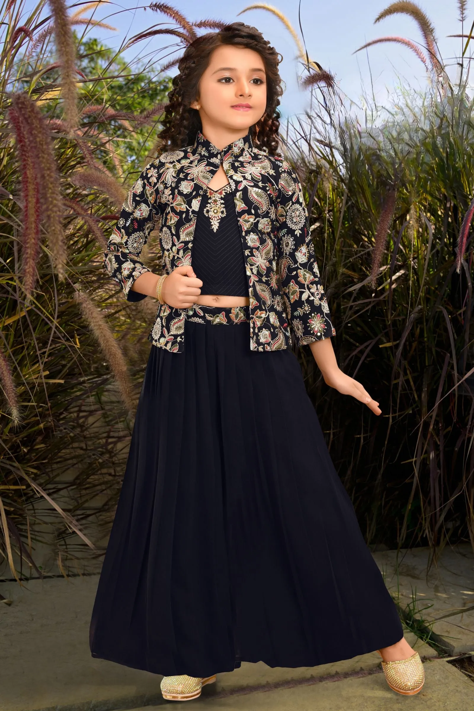 Navy Blue Stone and Multicolor Embroidery work Overcoat Styled Palazzo Set for Girls