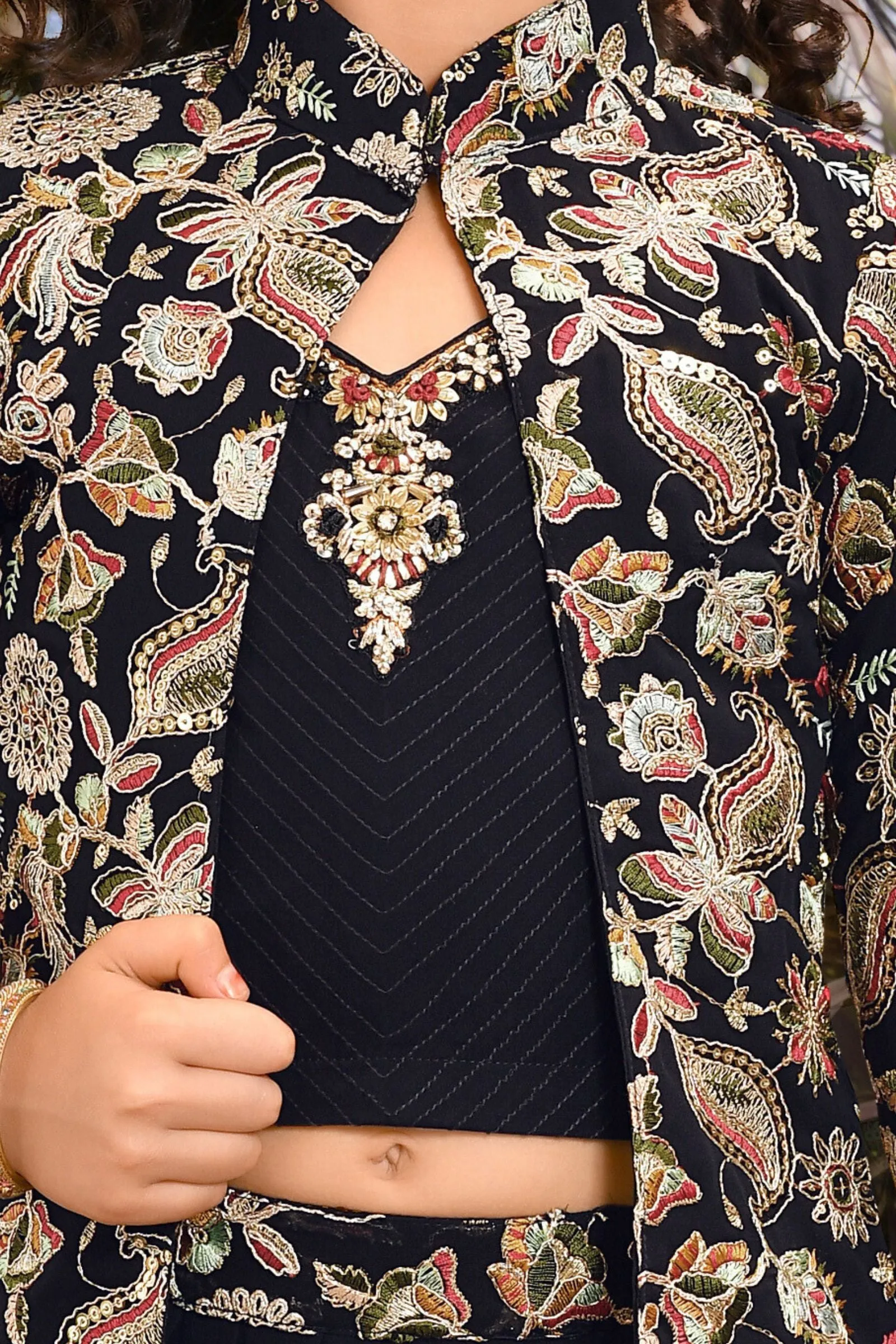 Navy Blue Stone and Multicolor Embroidery work Overcoat Styled Palazzo Set for Girls