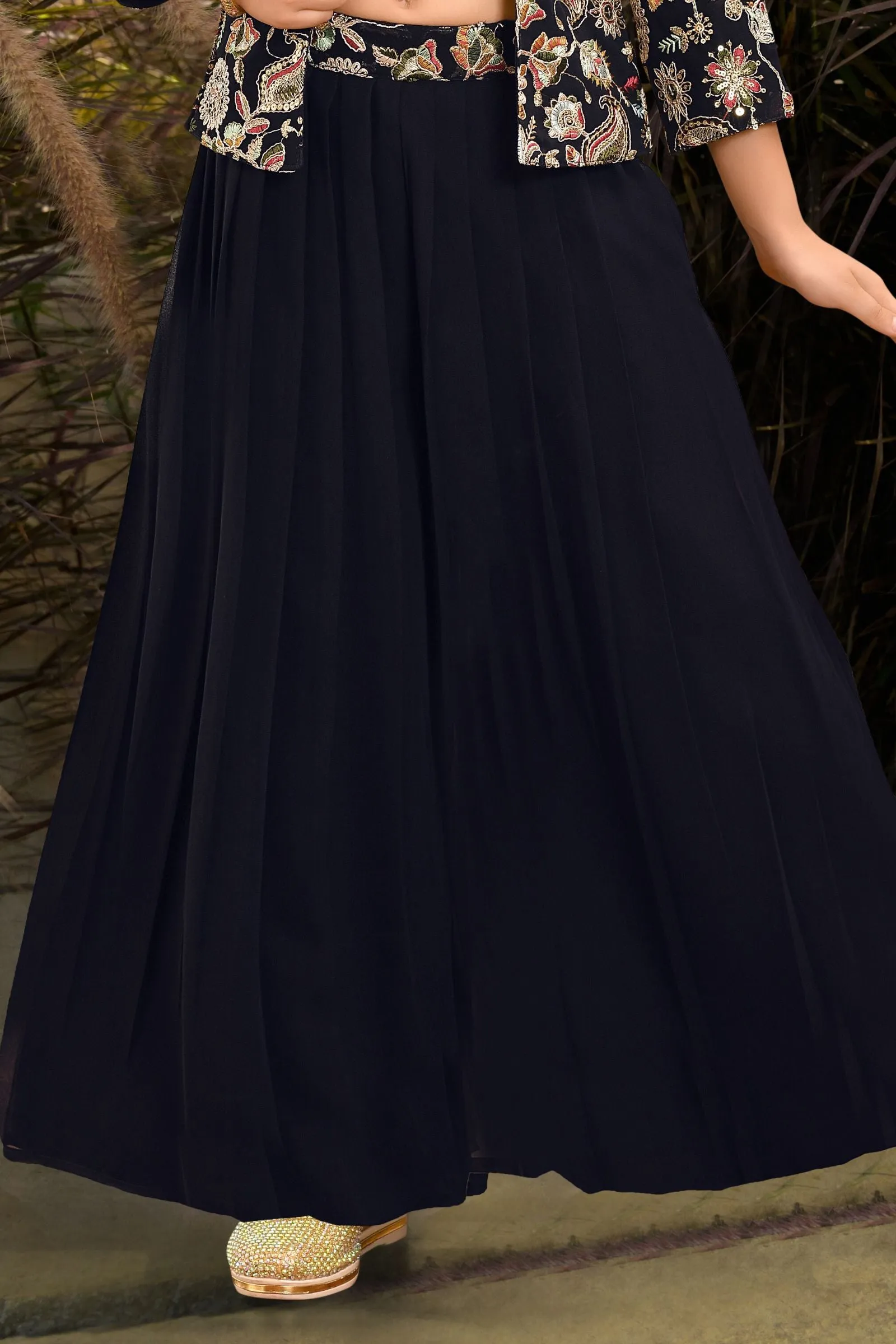 Navy Blue Stone and Multicolor Embroidery work Overcoat Styled Palazzo Set for Girls