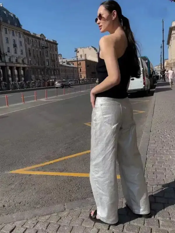 New high-waisted slimming versatile simple metallic effect wide-leg pants