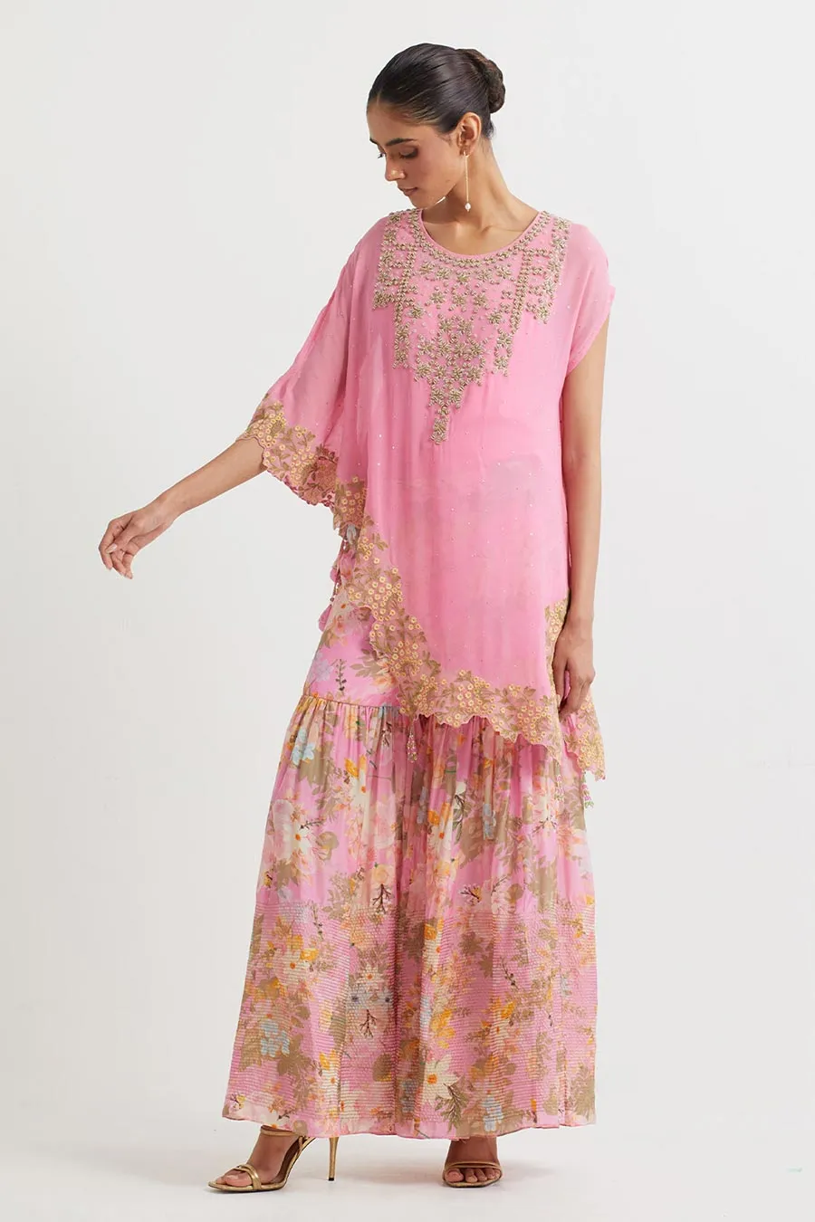 Pink Embroidered Top & Printed Sharara Set