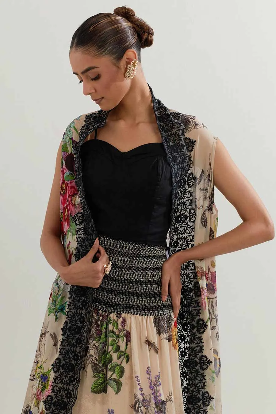 Printed Skirt Co-Ord Set With Long Cape