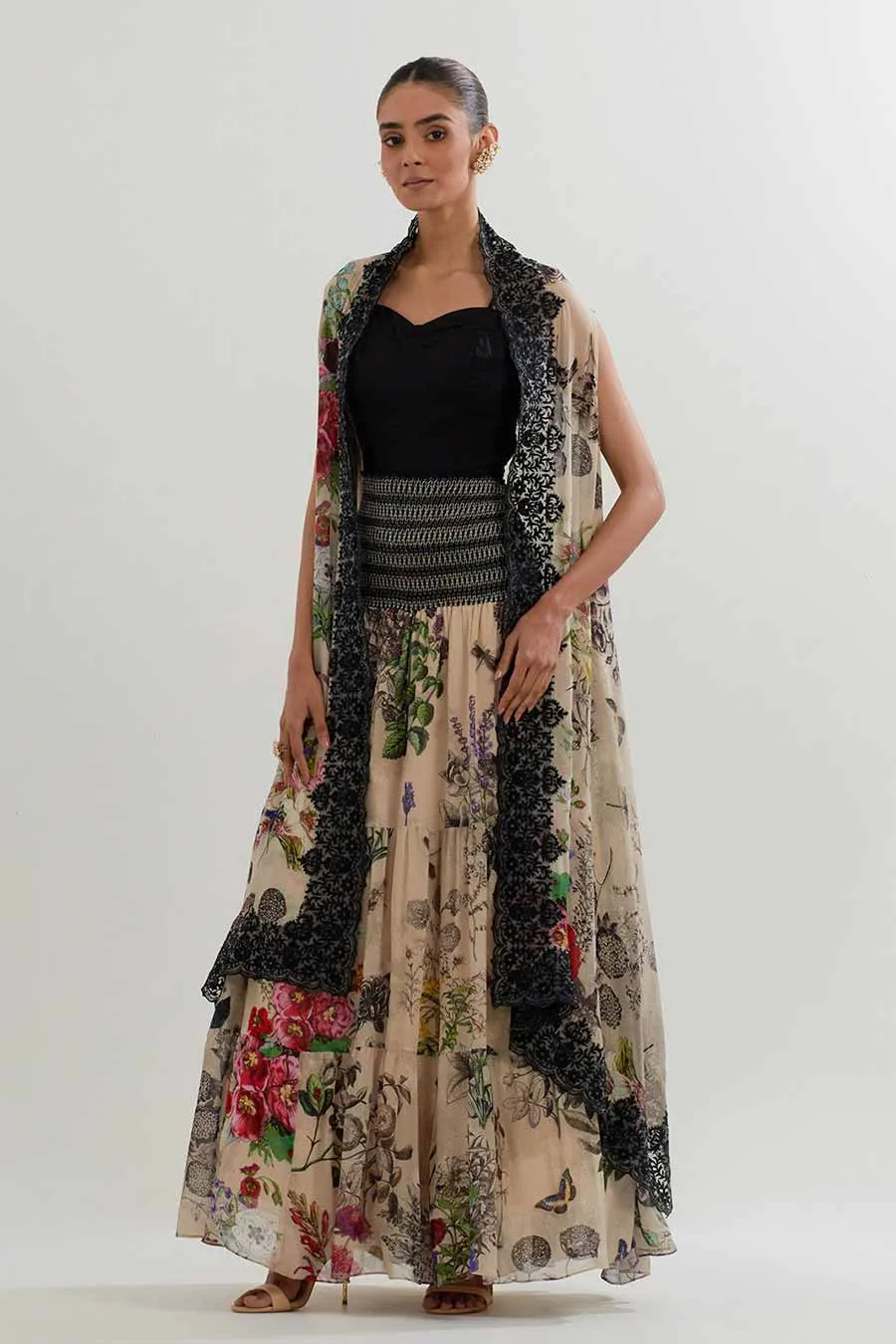 Printed Skirt Co-Ord Set With Long Cape