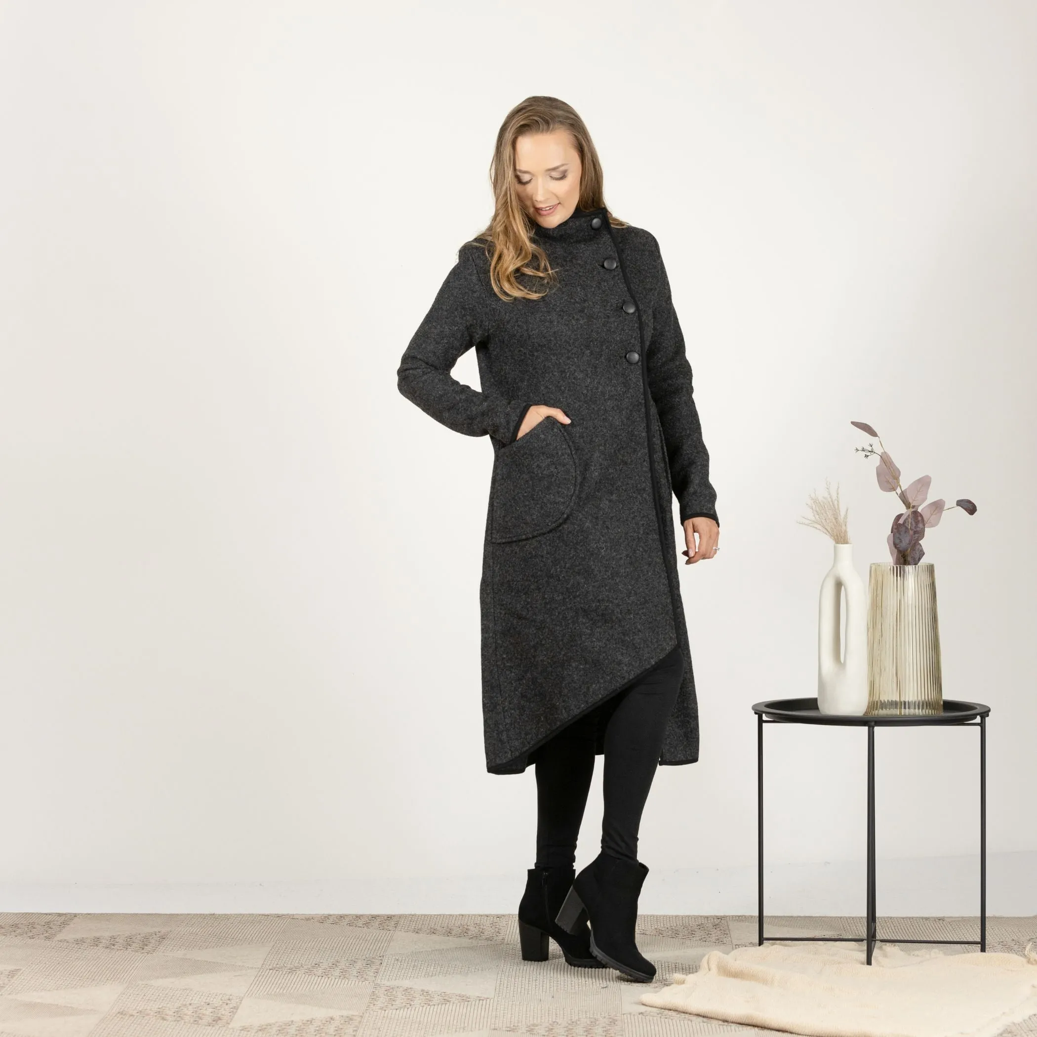 Prussian Blue Boiled Wool Coat with Pockets