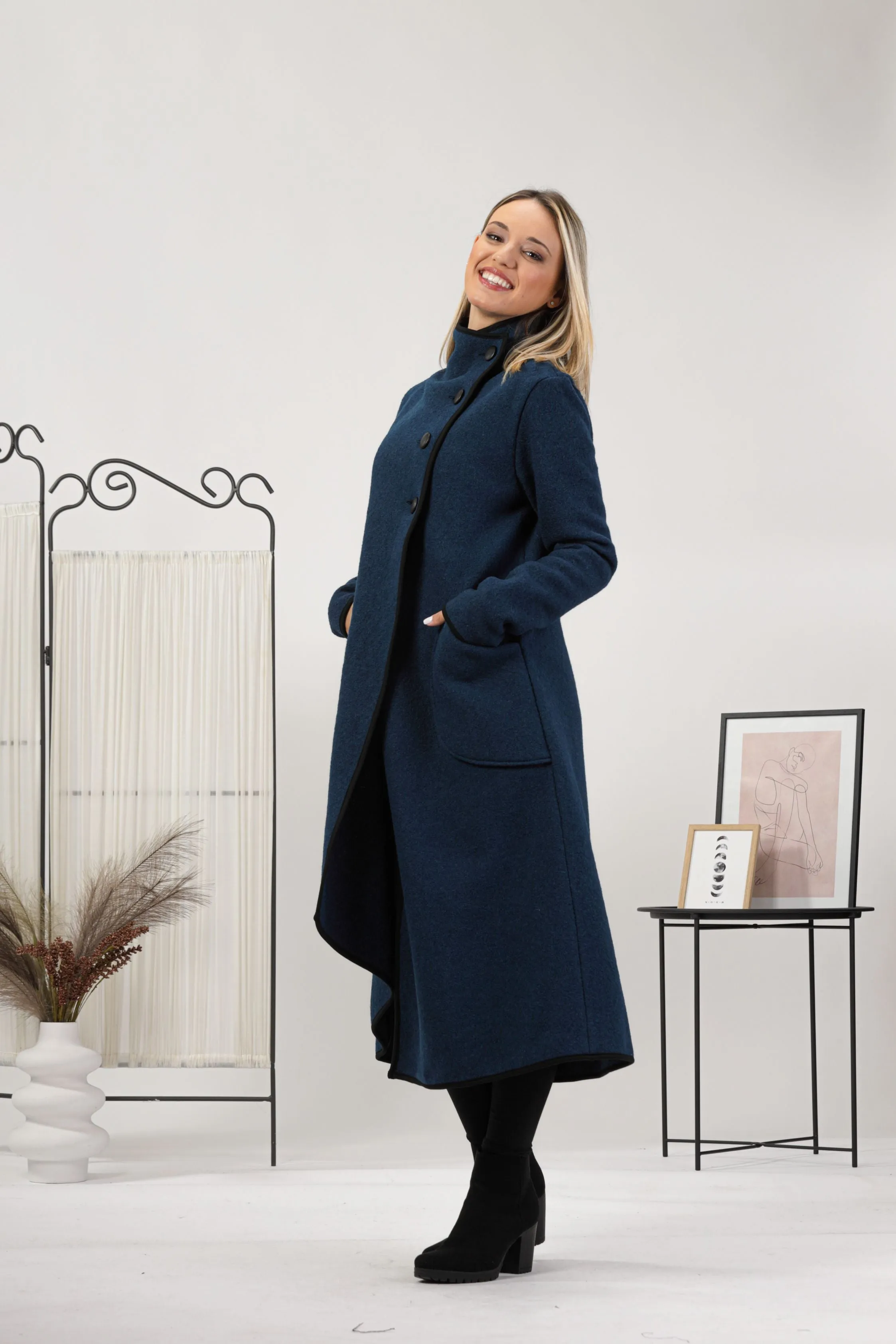 Prussian Blue Boiled Wool Coat with Pockets