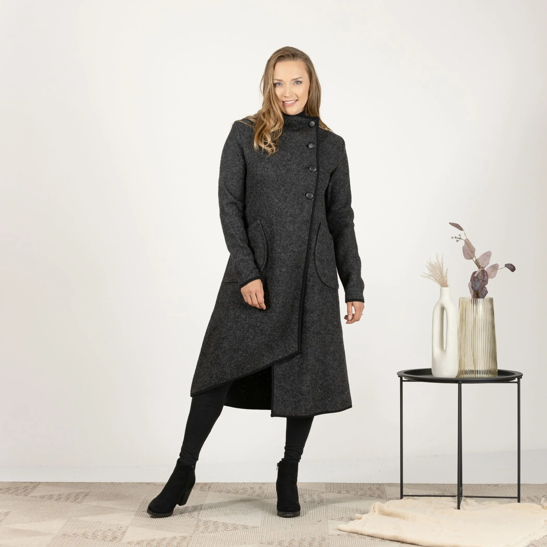 Prussian Blue Boiled Wool Coat with Pockets