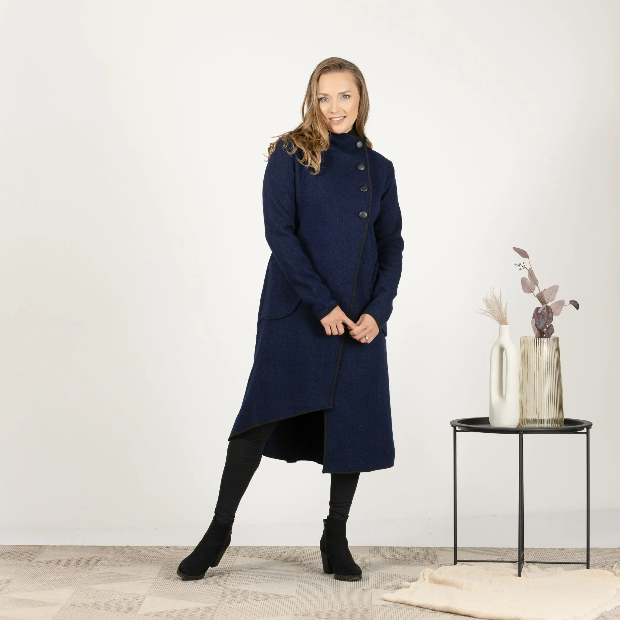 Prussian Blue Boiled Wool Coat with Pockets