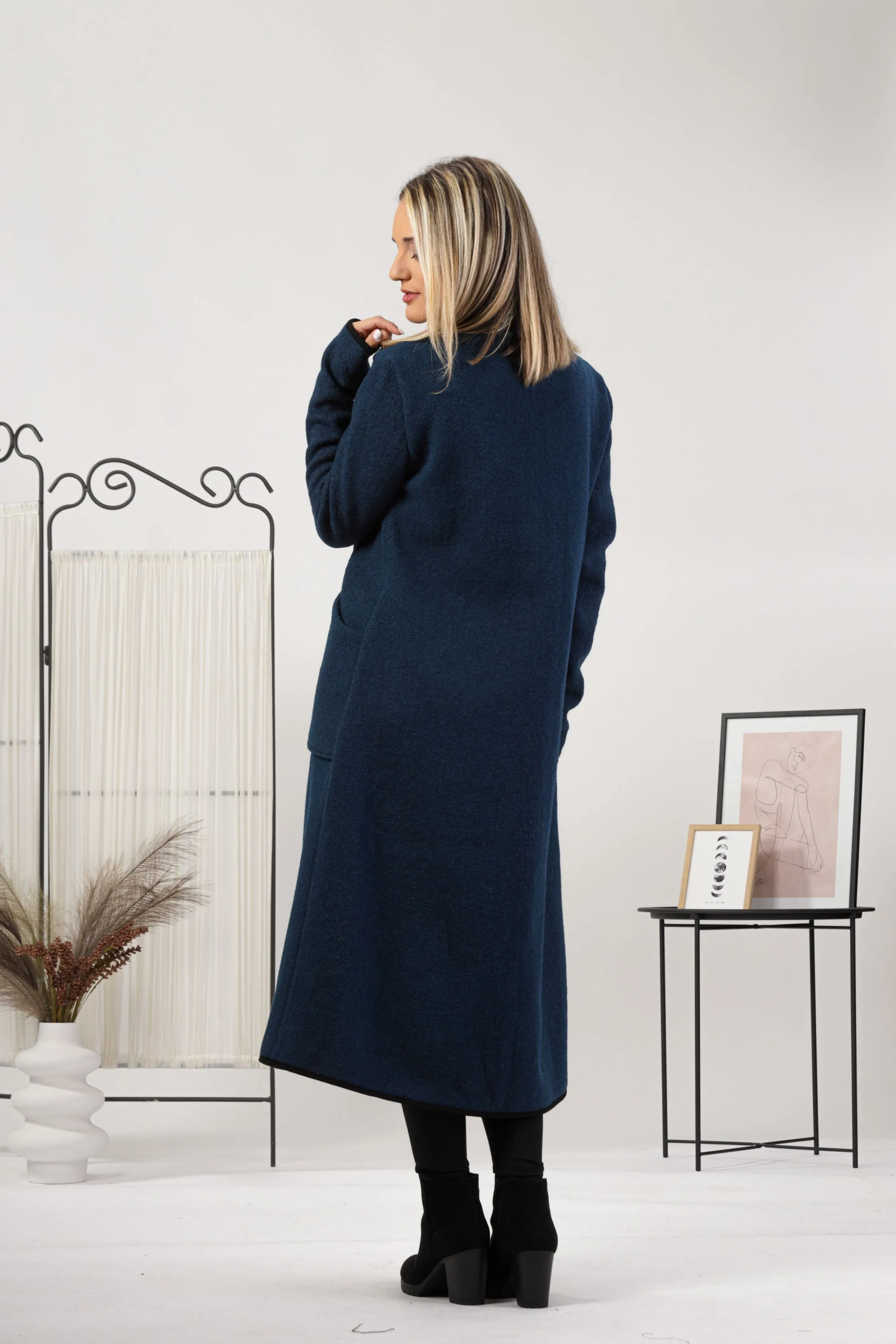 Prussian Blue Boiled Wool Coat with Pockets