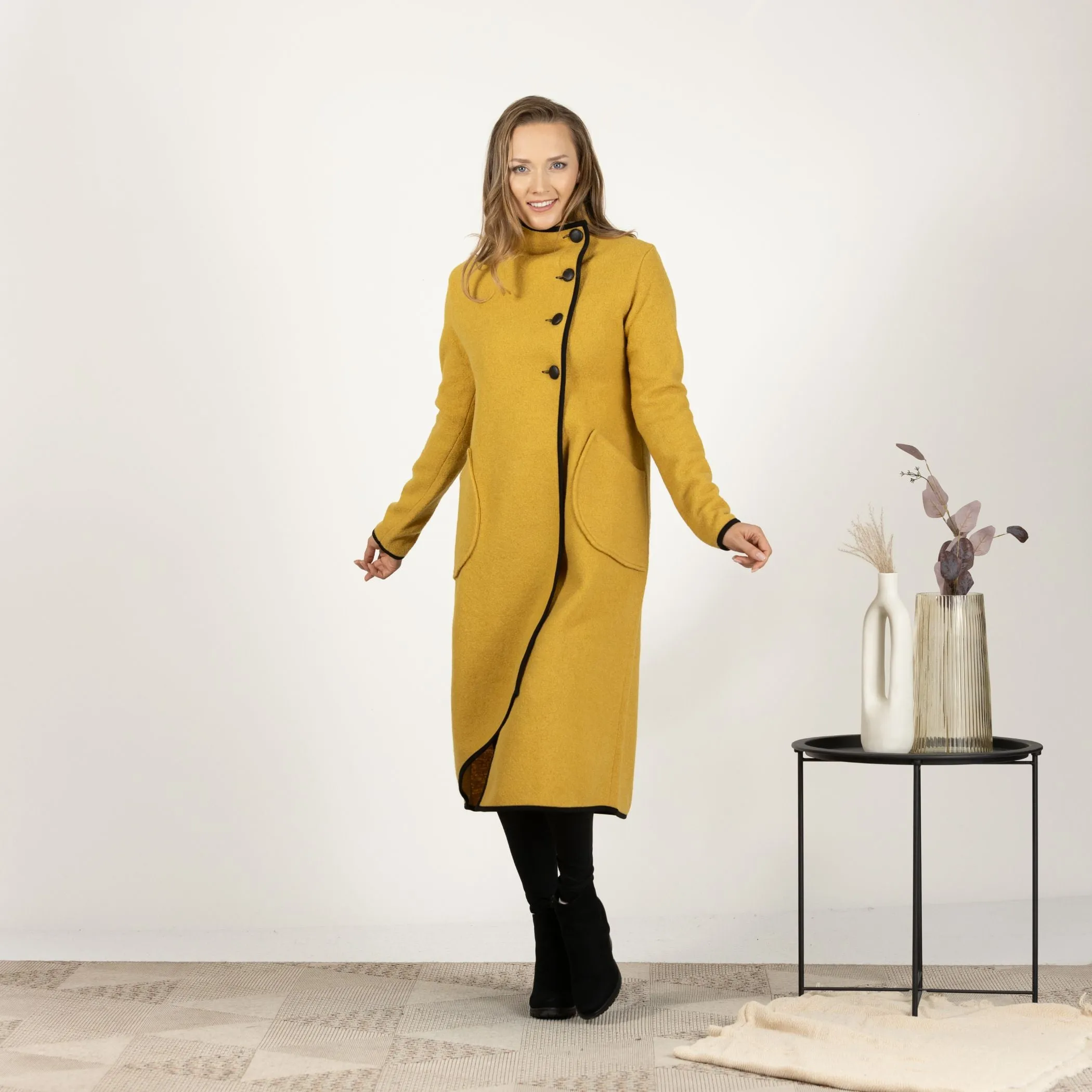Prussian Blue Boiled Wool Coat with Pockets