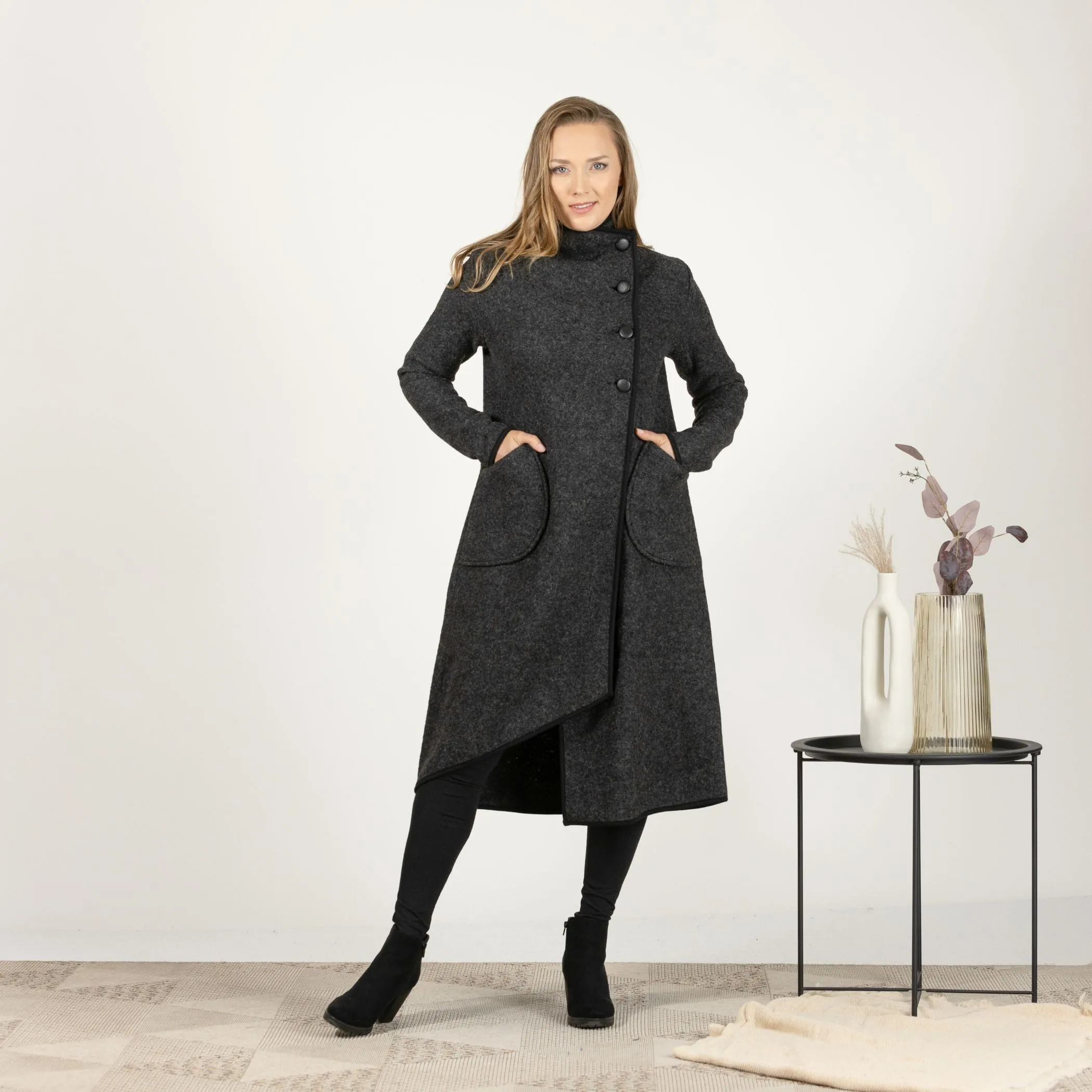 Prussian Blue Boiled Wool Coat with Pockets