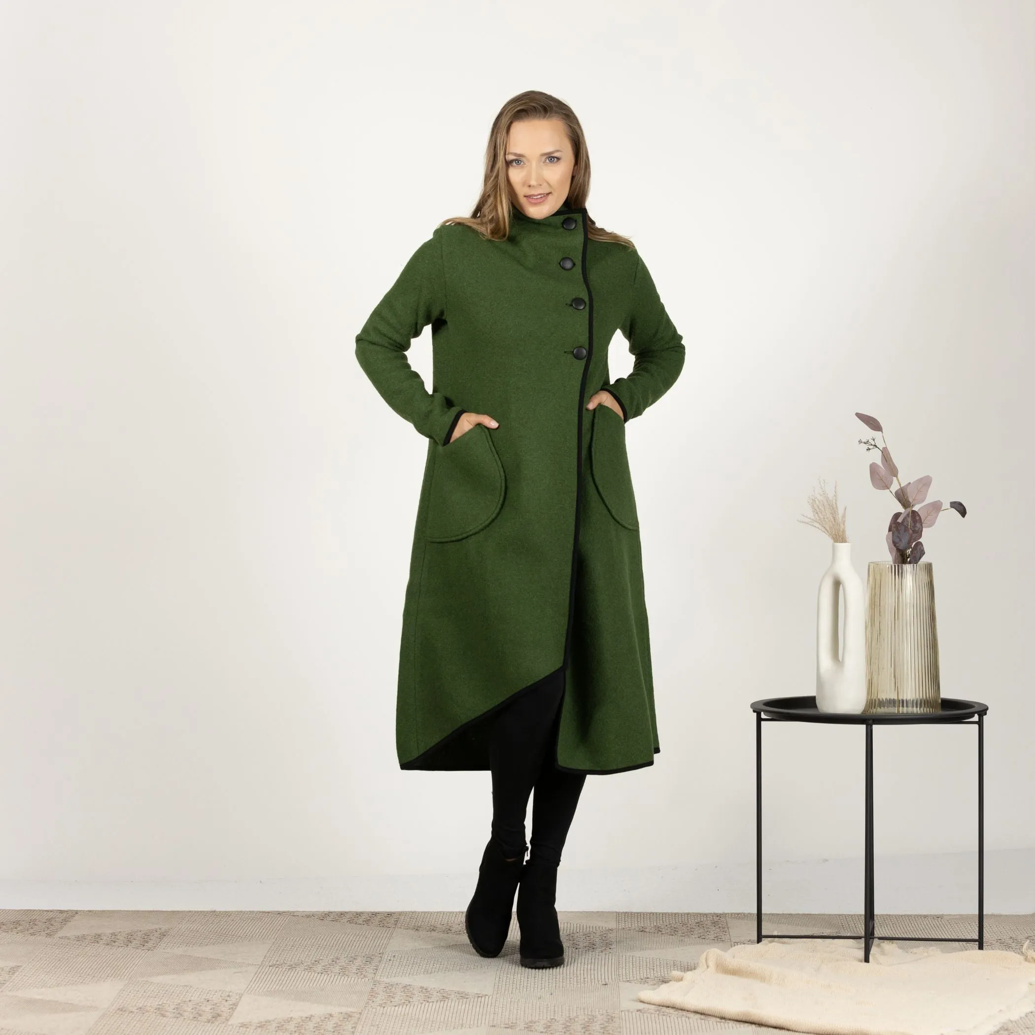 Prussian Blue Boiled Wool Coat with Pockets