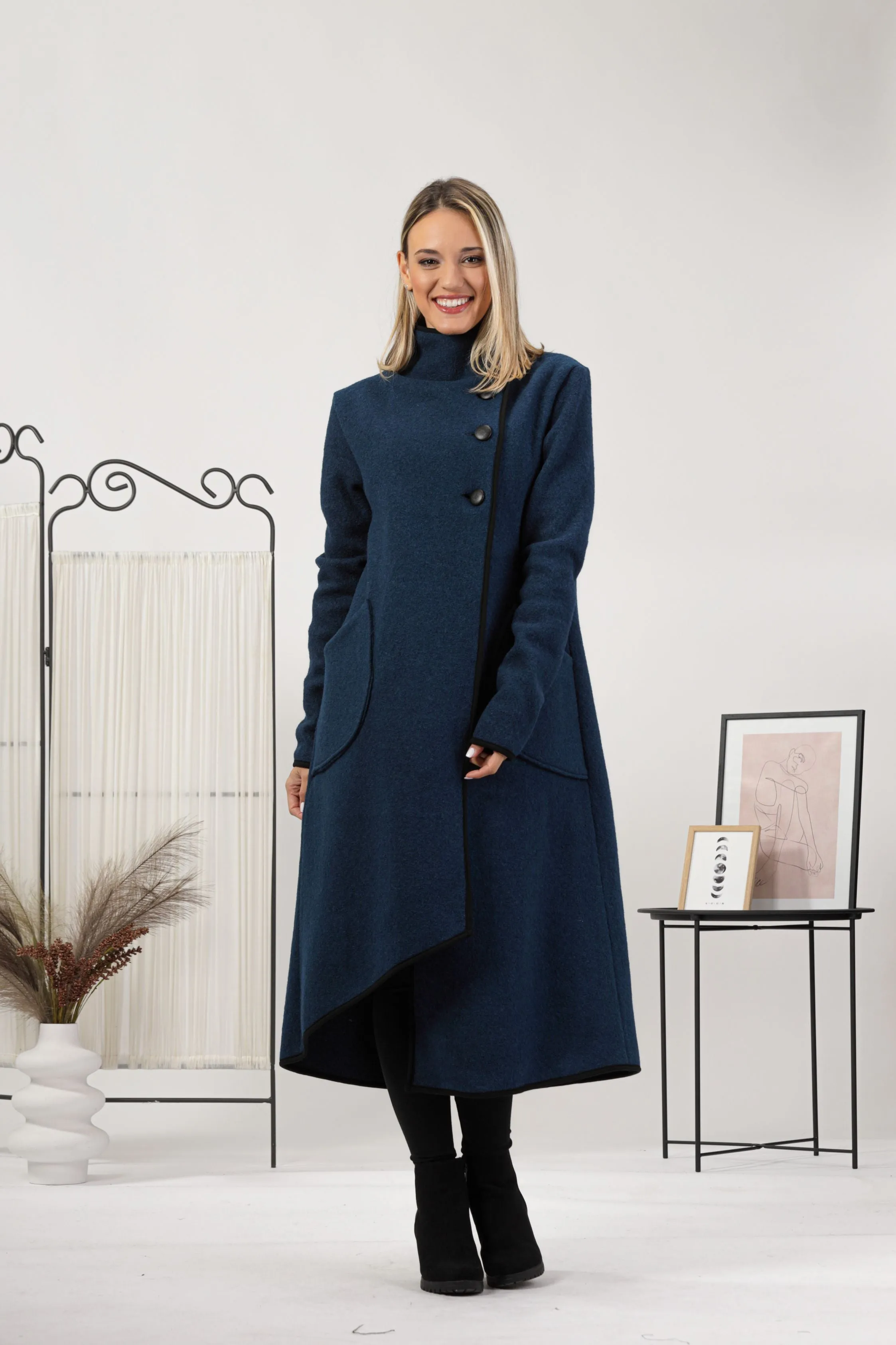 Prussian Blue Boiled Wool Coat with Pockets