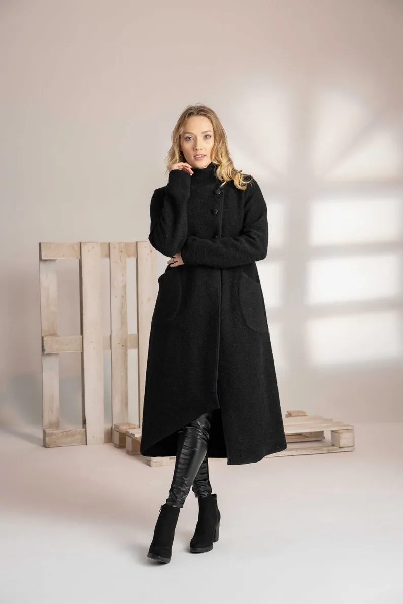 Prussian Blue Boiled Wool Coat with Pockets