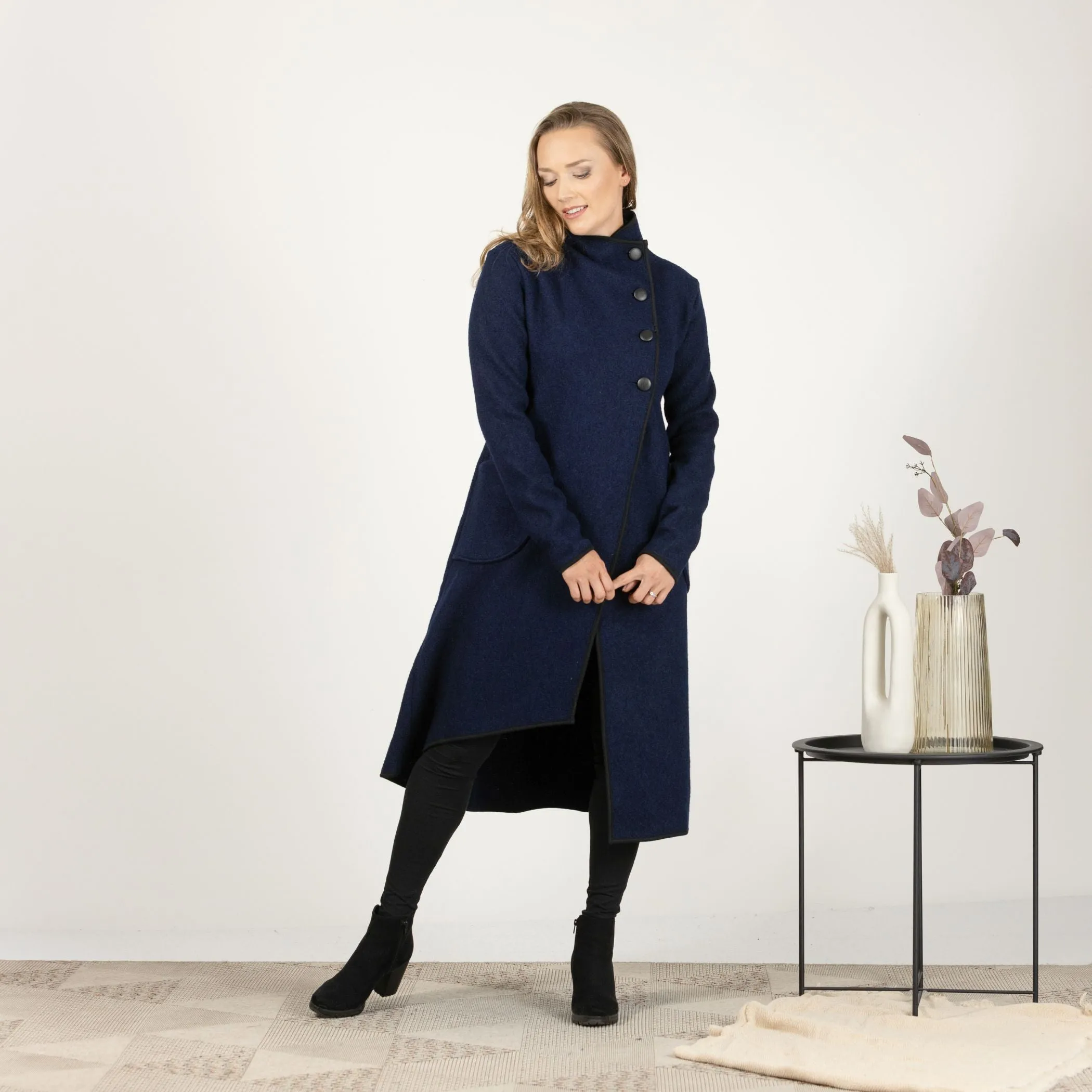 Prussian Blue Boiled Wool Coat with Pockets