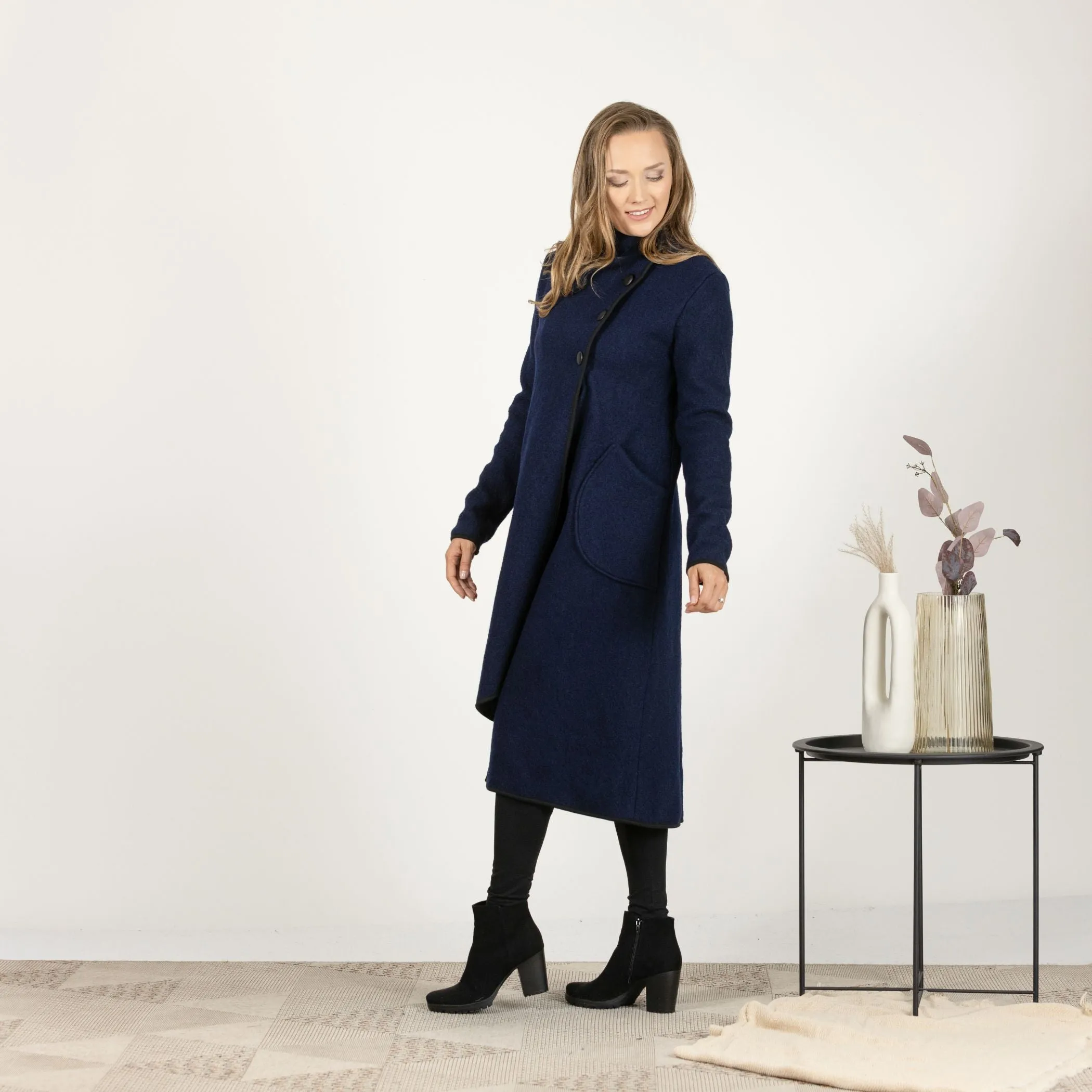 Prussian Blue Boiled Wool Coat with Pockets