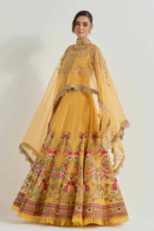 Raeth Yellow Organza Embroidered Cape & Lehenga Set