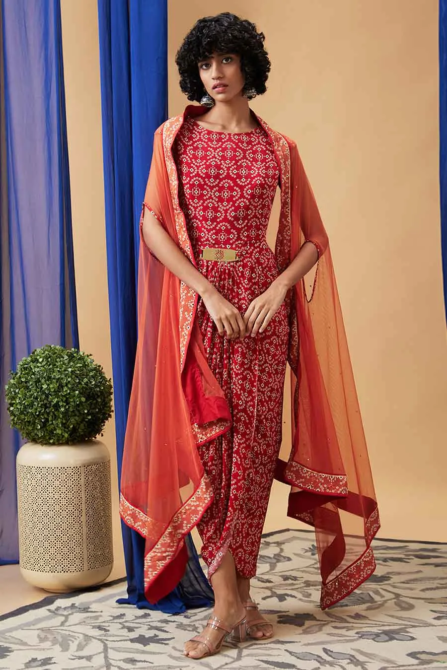 Red Bandej Drape Dress with Cape