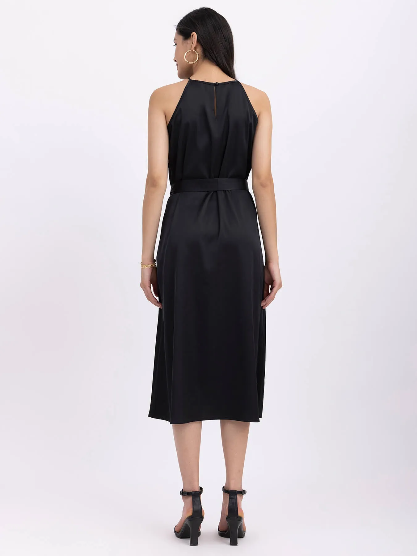 Satin Halter Neck Dress - Black