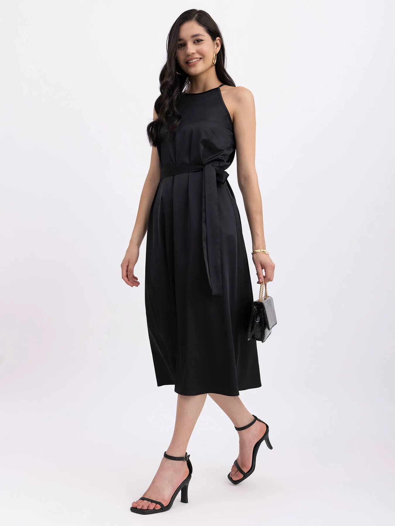 Satin Halter Neck Dress - Black