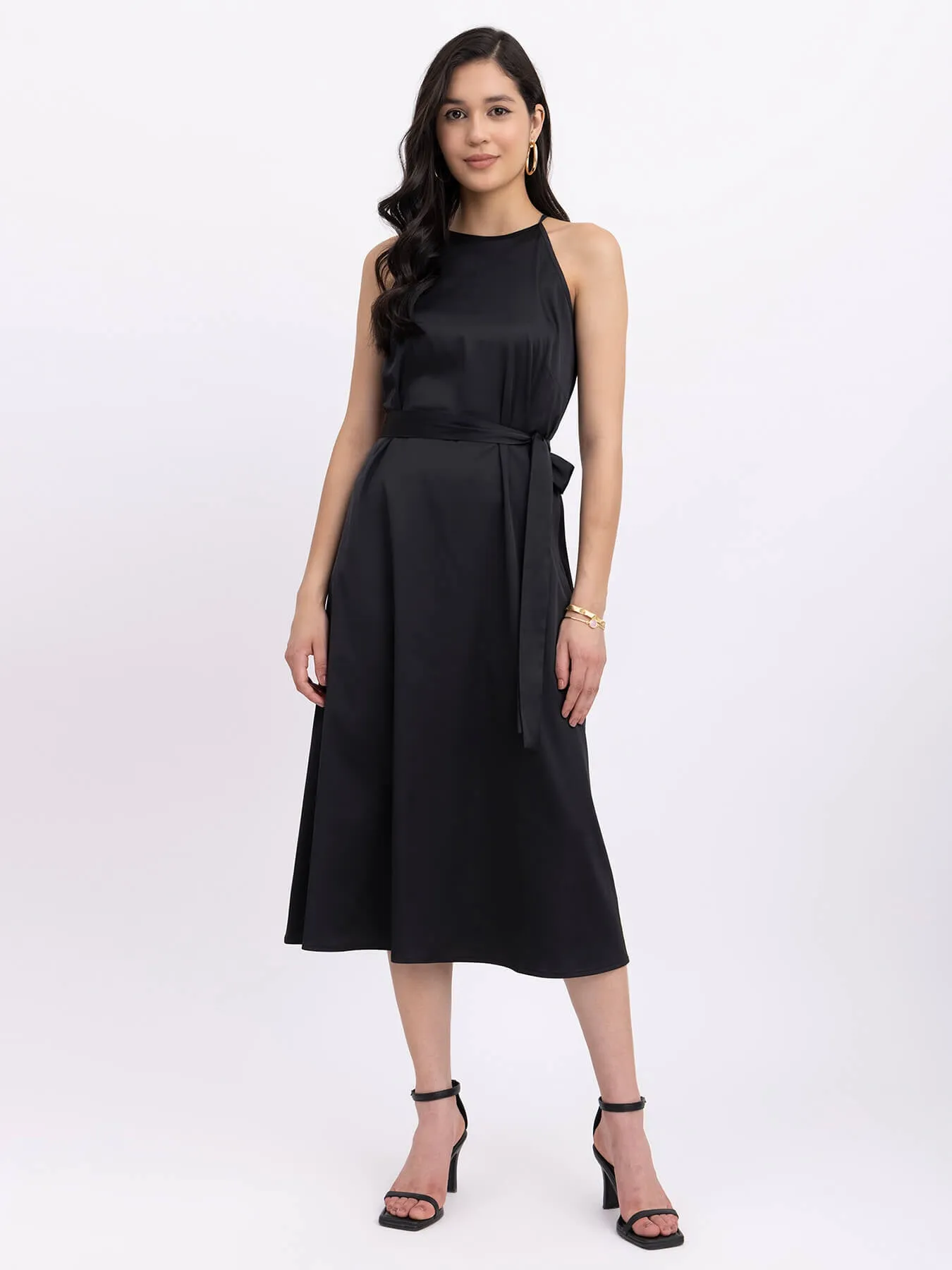 Satin Halter Neck Dress - Black