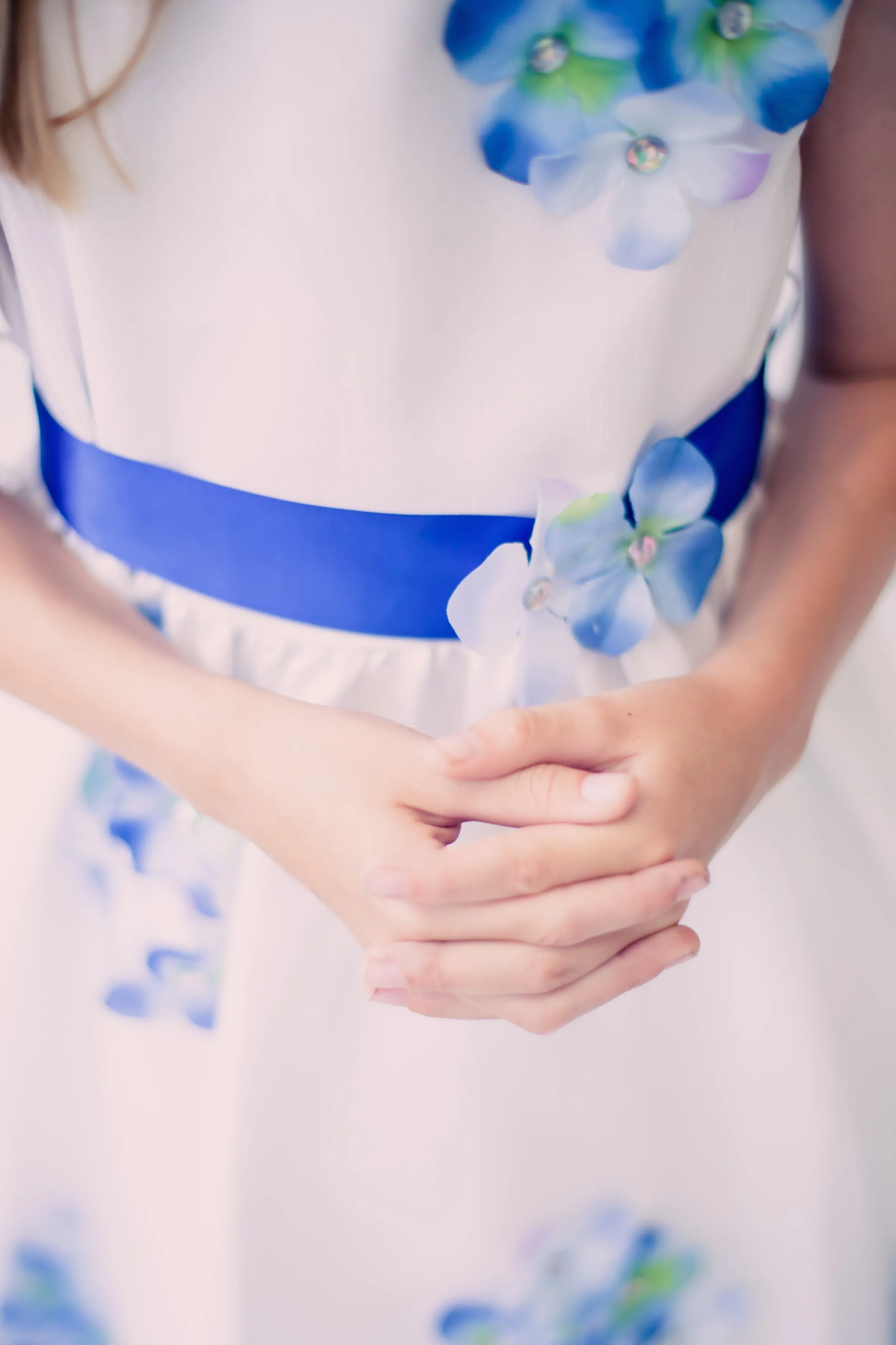 Shantung Girls Dress Decorated with Flower Petals