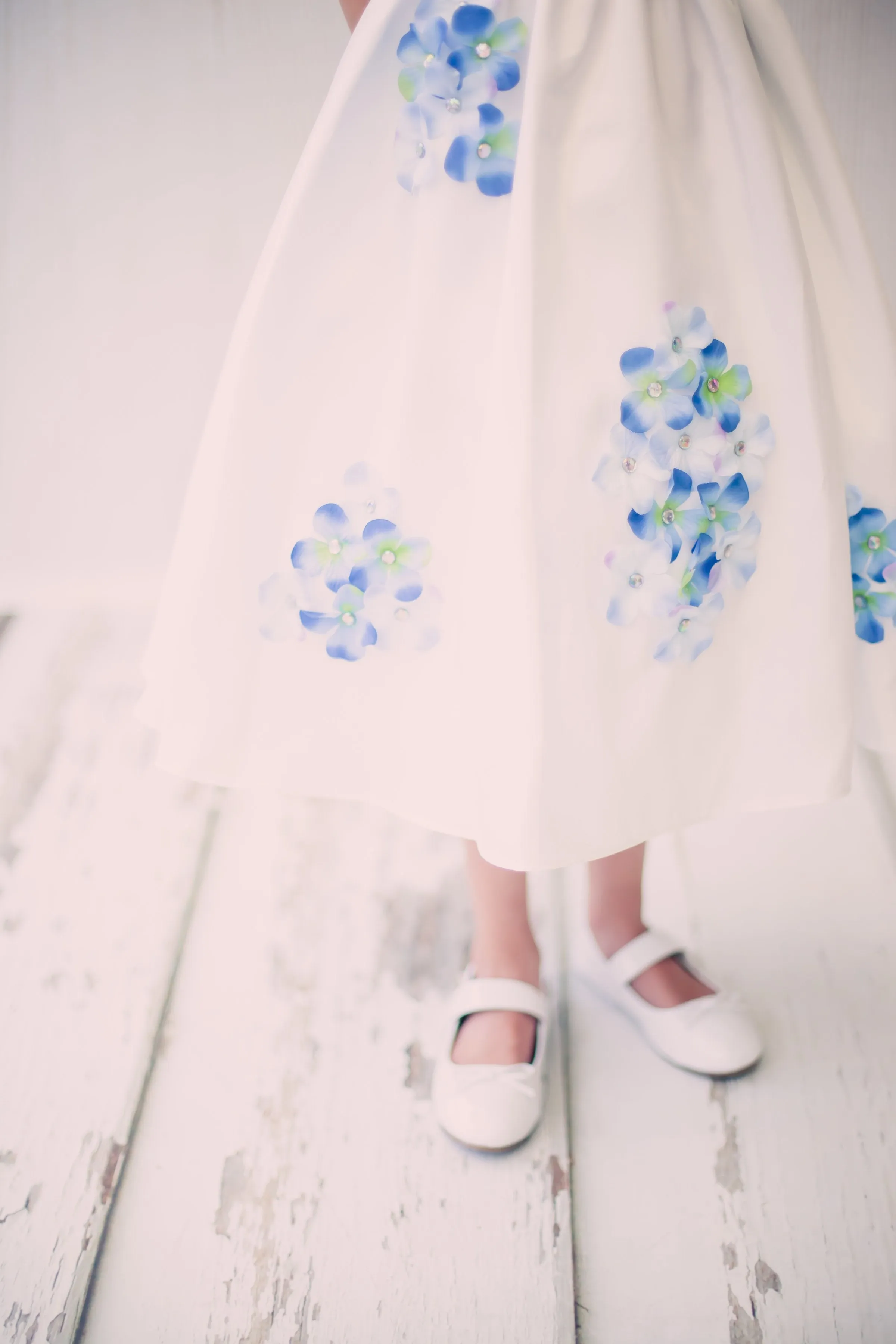 Shantung Girls Dress Decorated with Flower Petals