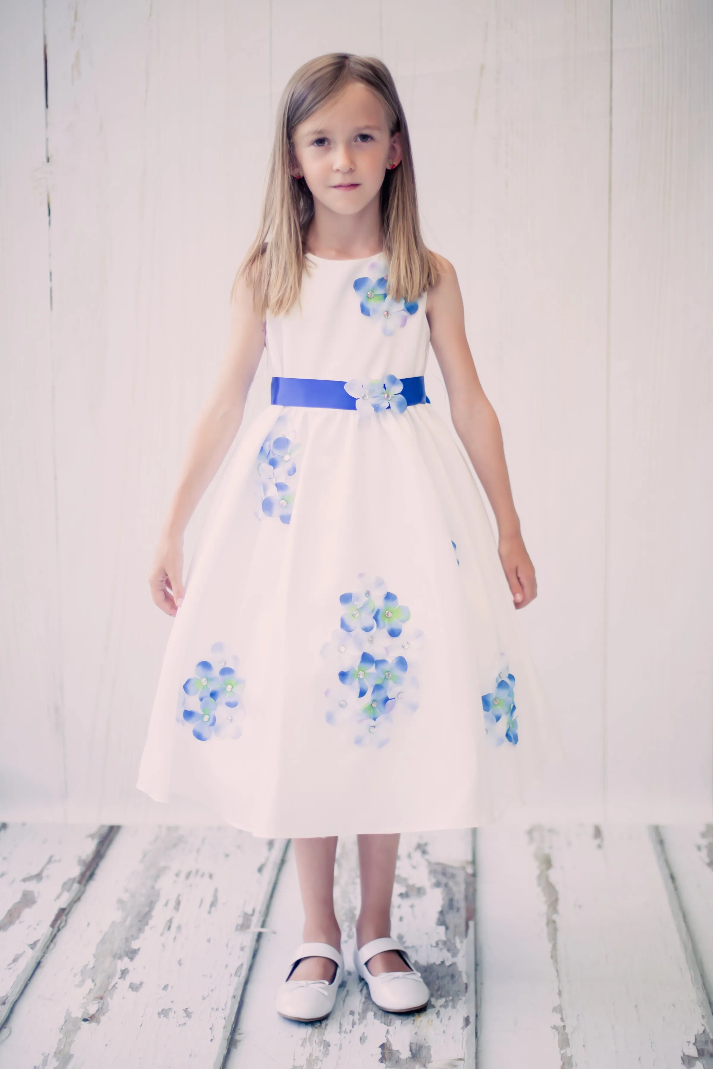 Shantung Girls Dress Decorated with Flower Petals