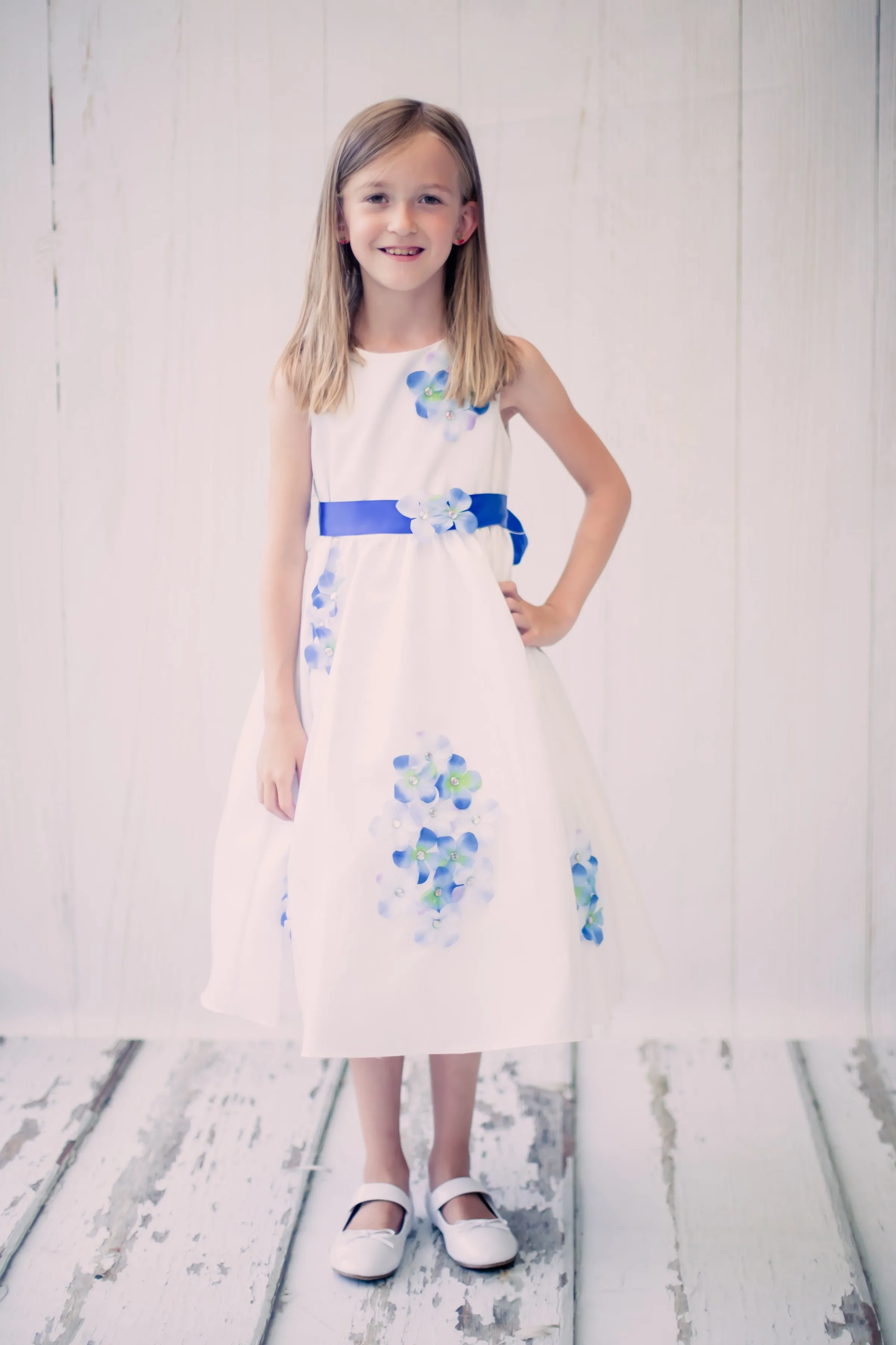 Shantung Girls Dress Decorated with Flower Petals