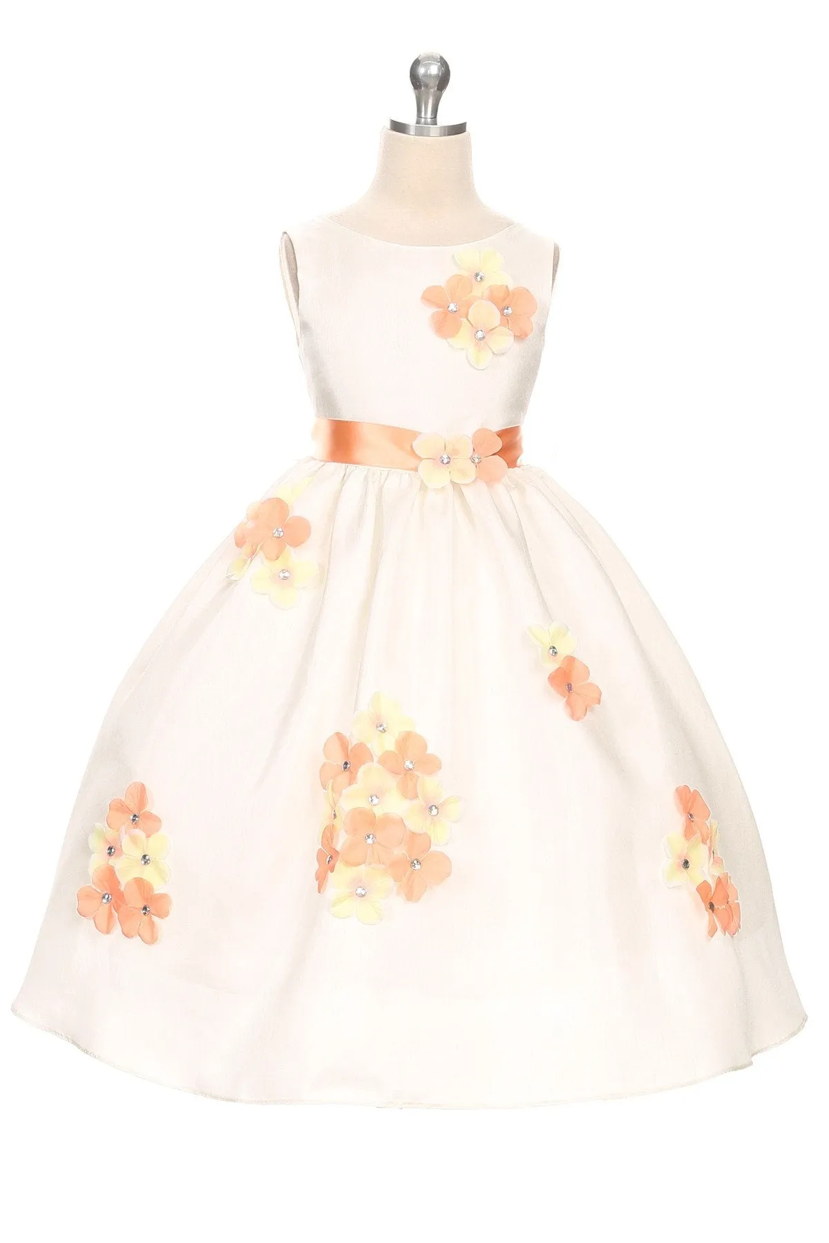 Shantung Girls Dress Decorated with Flower Petals