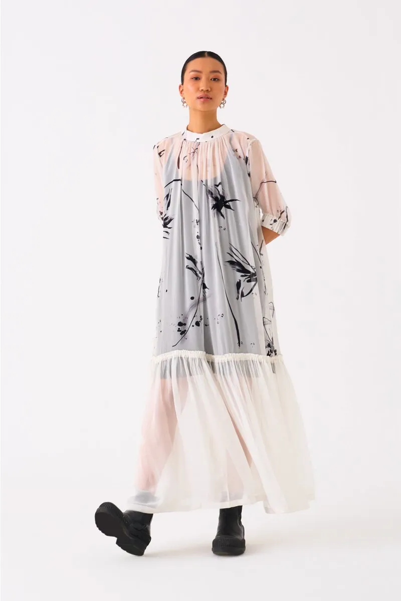 Sheer Bottom Frill Dress White