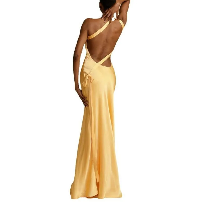 Sleek Yellow Satin Ladies Slanted Shoulder Slim Fitting Maxi Dress
