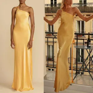Sleek Yellow Satin Ladies Slanted Shoulder Slim Fitting Maxi Dress