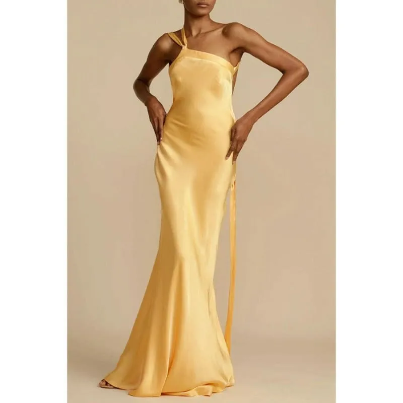 Sleek Yellow Satin Ladies Slanted Shoulder Slim Fitting Maxi Dress