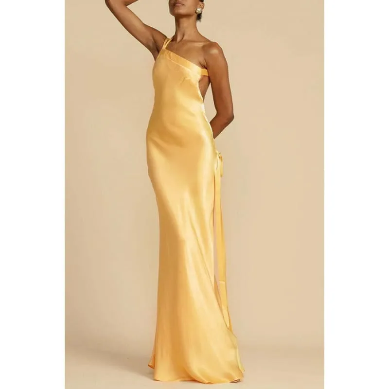 Sleek Yellow Satin Ladies Slanted Shoulder Slim Fitting Maxi Dress