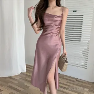 Summer Women Sexy Party Dress High Slit Spaghetti Strap Vintage Pink Long Satin Slip Dress Plus Size