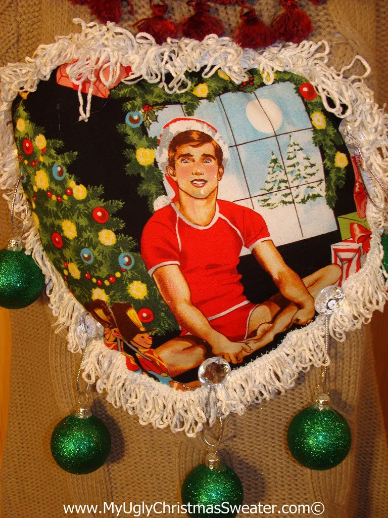 Ugly Christmas Sweater Party Tacky Dress Hottie Guy & Real Ornaments (d76)