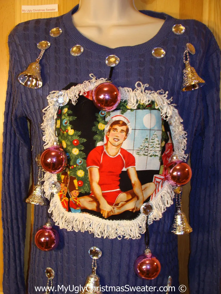Ugly Christmas Sweater Party Tacky Dress Hottie Guy & Real Ornaments (d78)