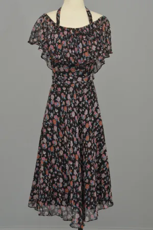 Vintage 1970s Boho Festival Dress Black with Flowers Semi Sheer Capelet