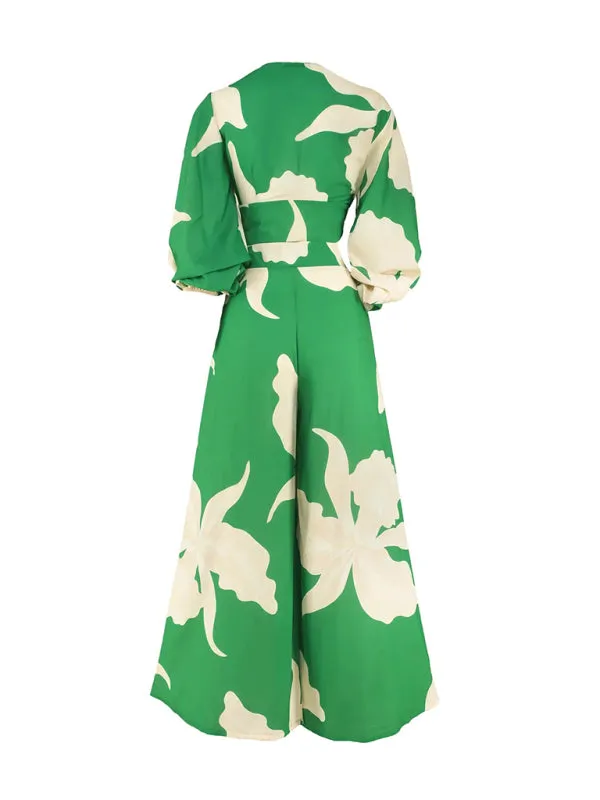 Women's Printed V-neck Lantern Short Sleeved Shirt With High Waist Wide Leg Trousers Two Piece Set