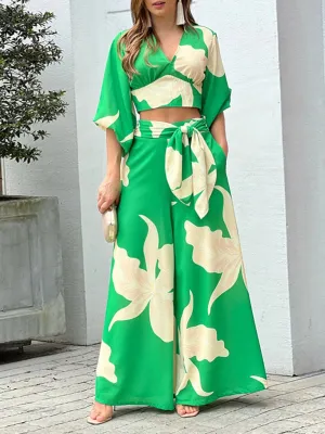 Women's Printed V-neck Lantern Short Sleeved Shirt With High Waist Wide Leg Trousers Two Piece Set
