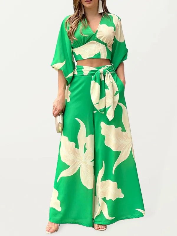 Women's Printed V-neck Lantern Short Sleeved Shirt With High Waist Wide Leg Trousers Two Piece Set